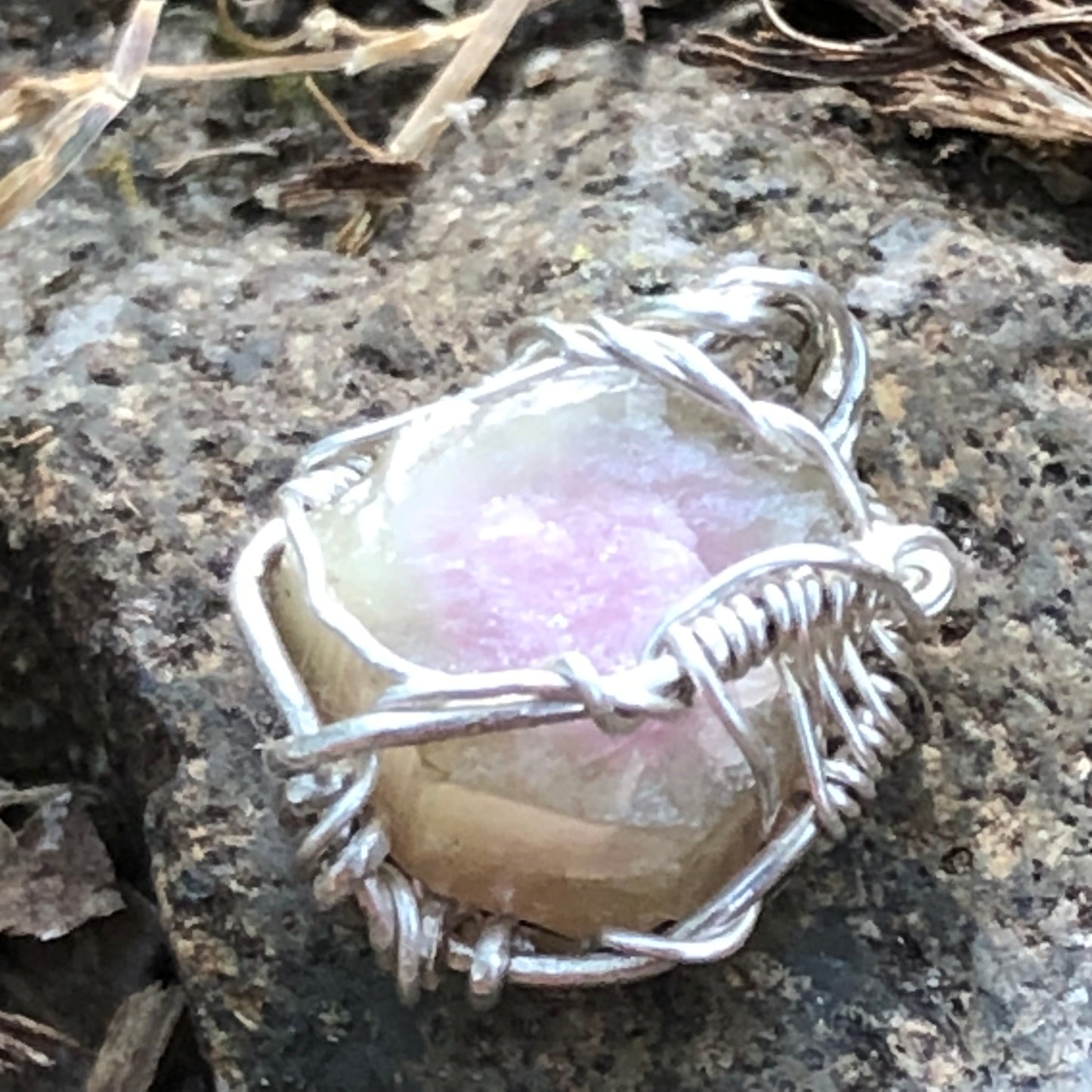 Watermelon Tourmaline and Silver Handmade Wire-Wrap Pendant