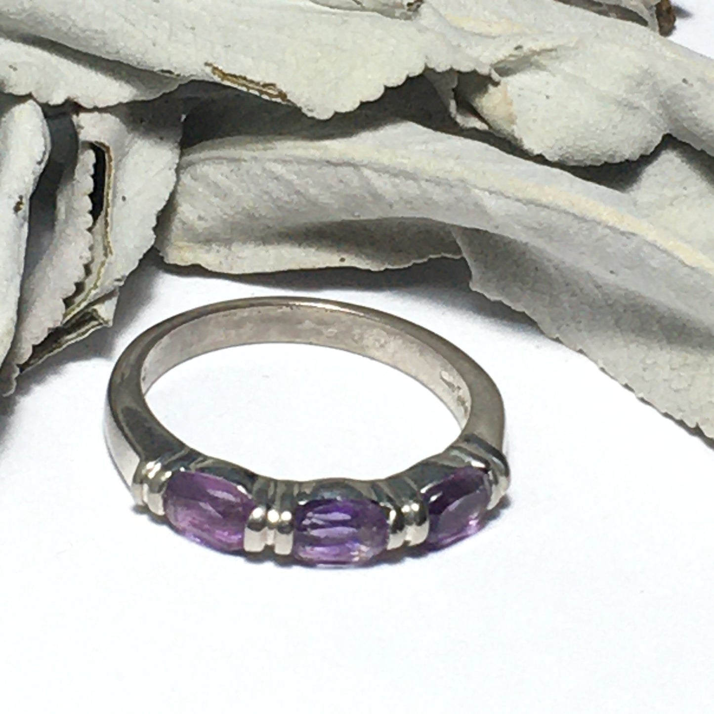 Amethyst Triple-Stone Sterling Silver Ring (Size 9)