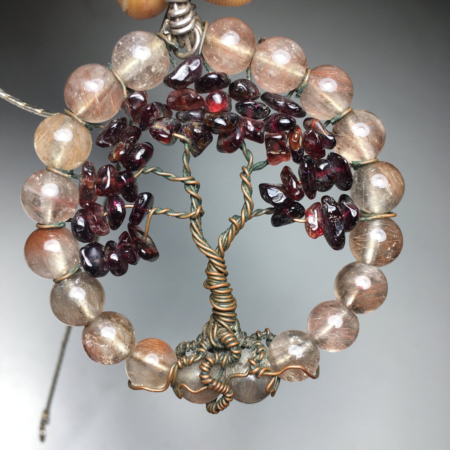 Tree Pendant Rutilated Quartz, Copper and Garnet
