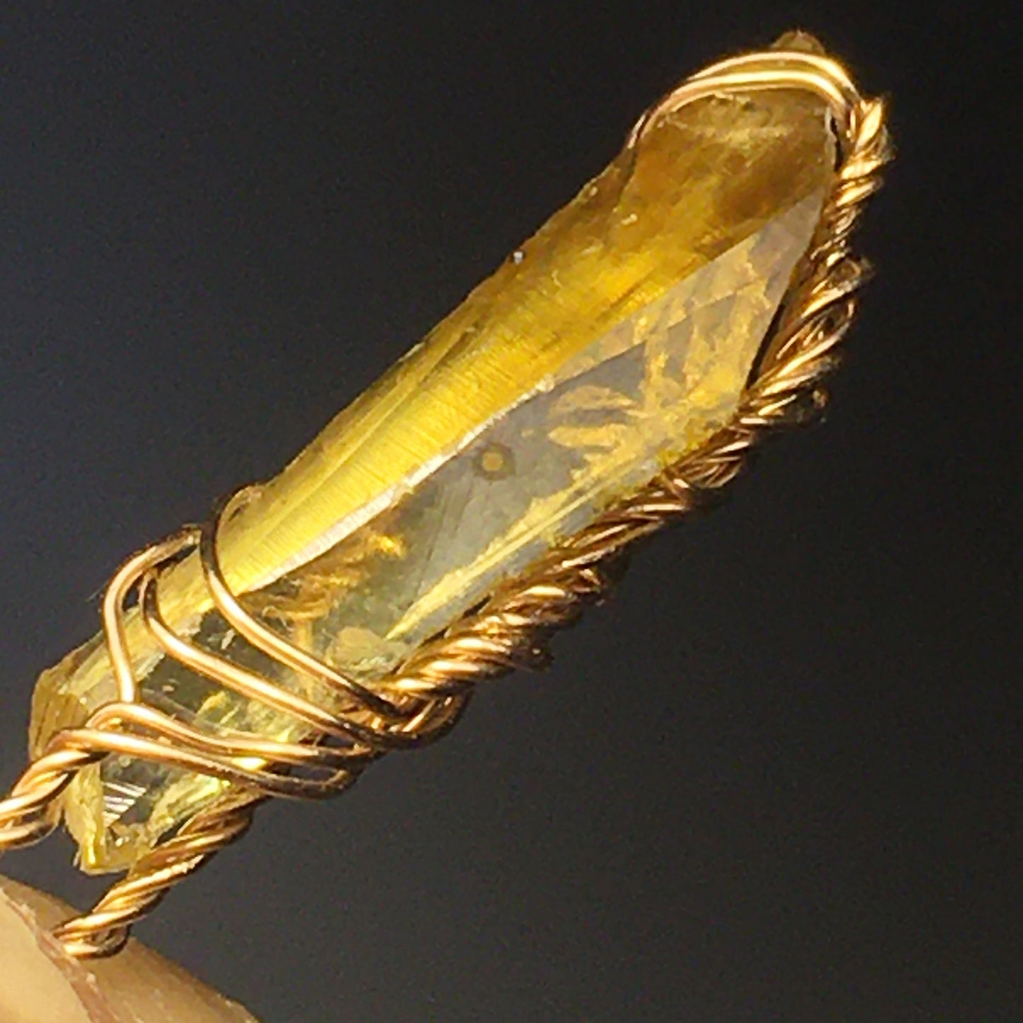 Yellow Zincite Pendant Wire Wrap gold with silver chain