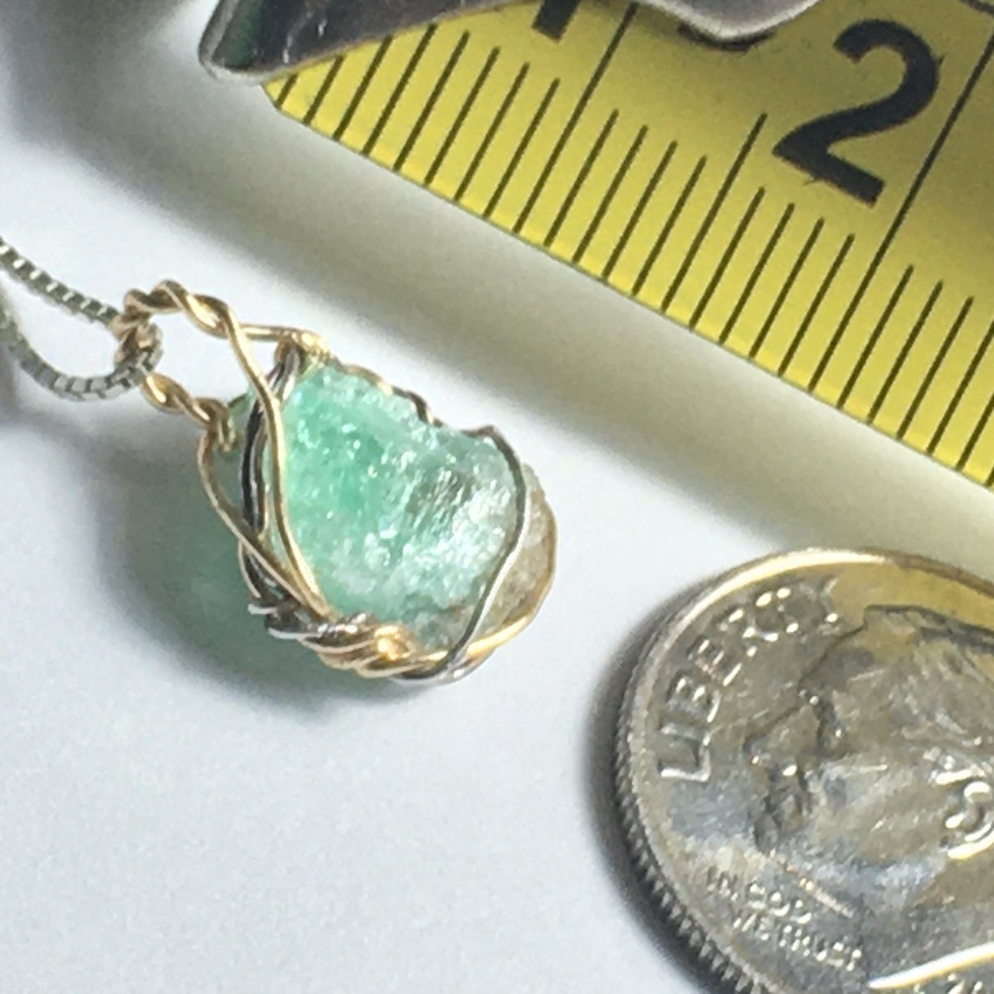 Natural Emerald Gold and Silver Wire-Wrap Pendant on solid Sterling Silver Chain