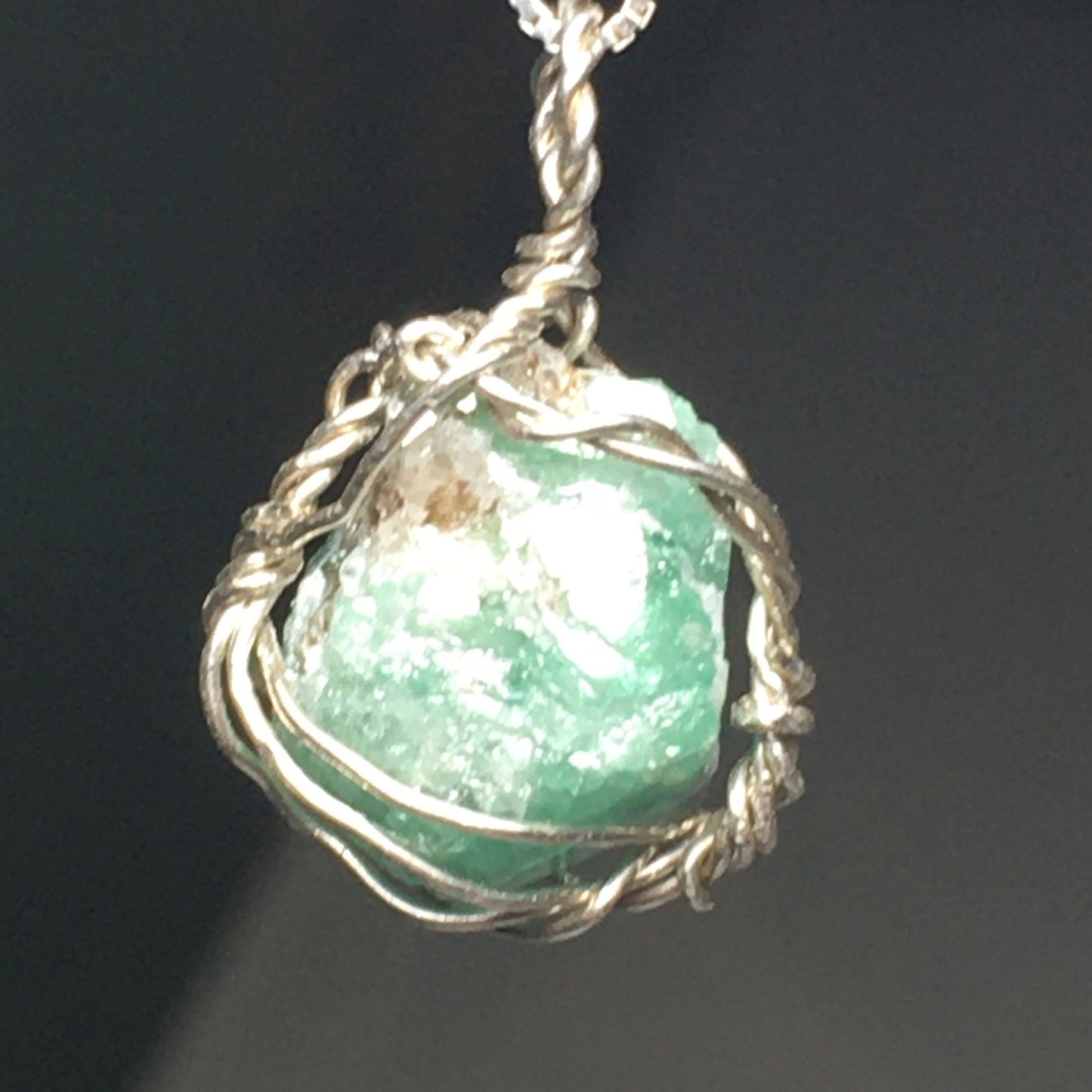 Natural Emerald and Silver Wire-Wrap Pendant on solid 925 Sterling Silver Chain
