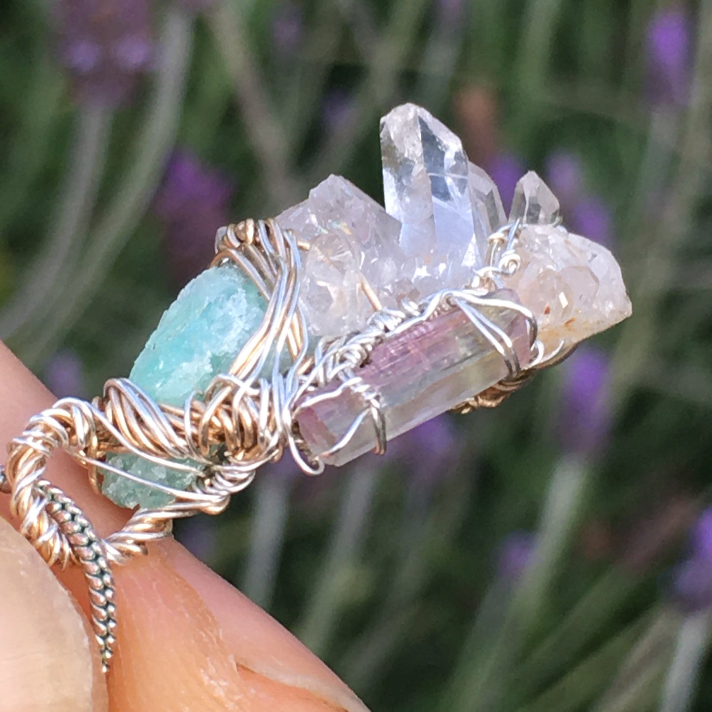 Quartz Emerald and Watermelon Tourmaline Wire-Wrap pendant in Silver and Gold