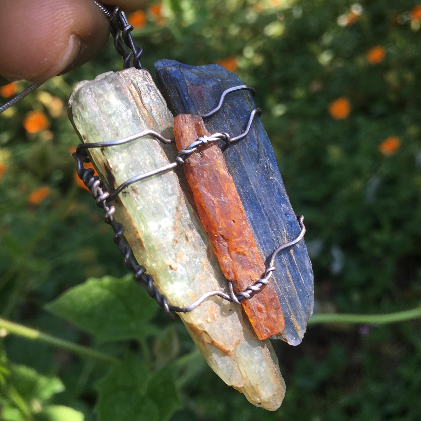 Triple Kyanite and Silver Pendant Orange - Green - Blue Natural Crystals