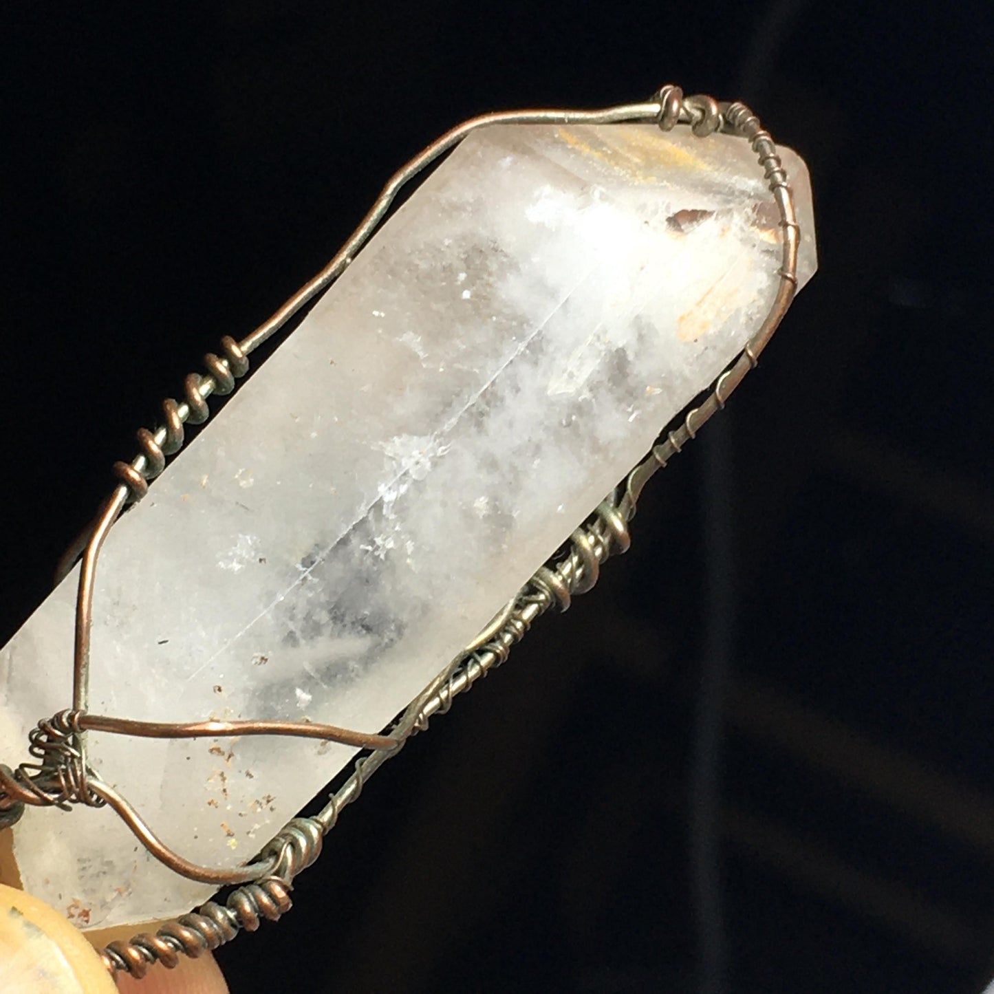 BIG Double-Terminated Lithium Quartz on Aged Silver Plated Copper Wire Handmade Pendant Wire-Wrap