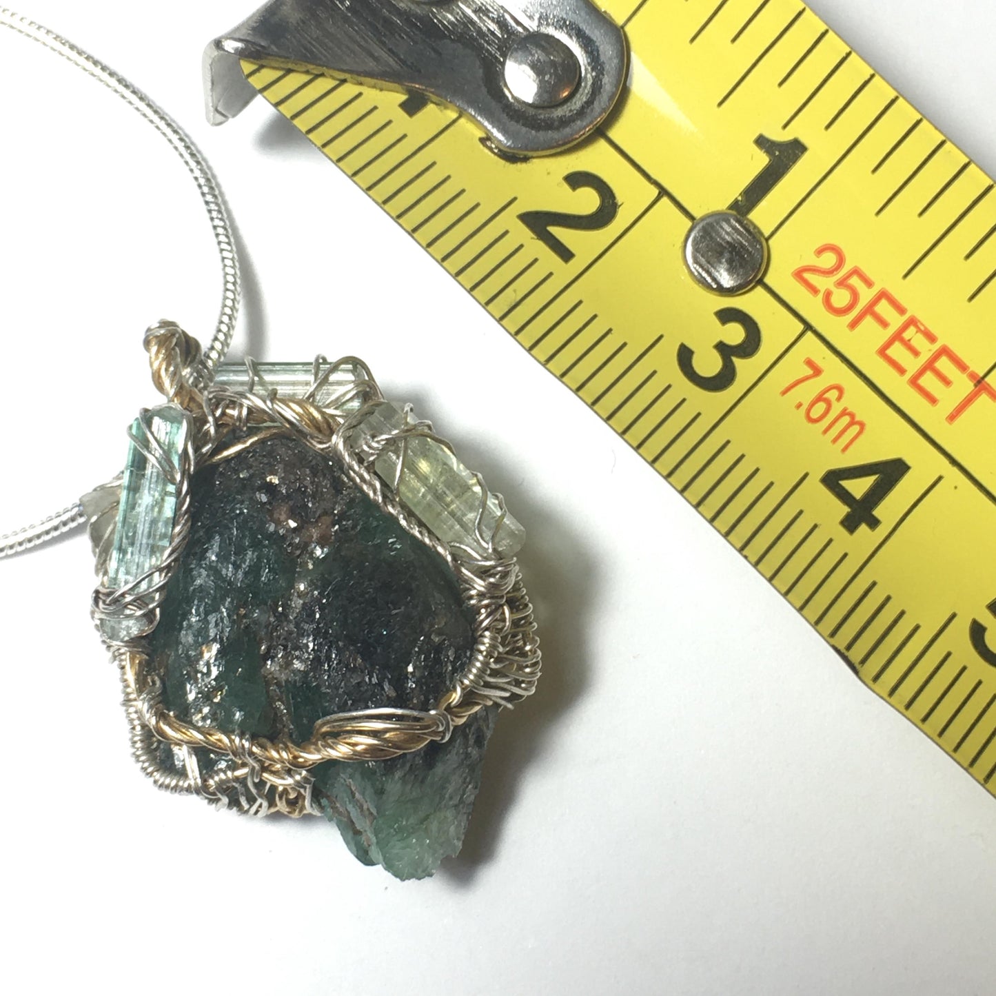 BIG EMERALD and 4 Tourmalines Pendant in Silver and Gold - Raw Untreated Stones