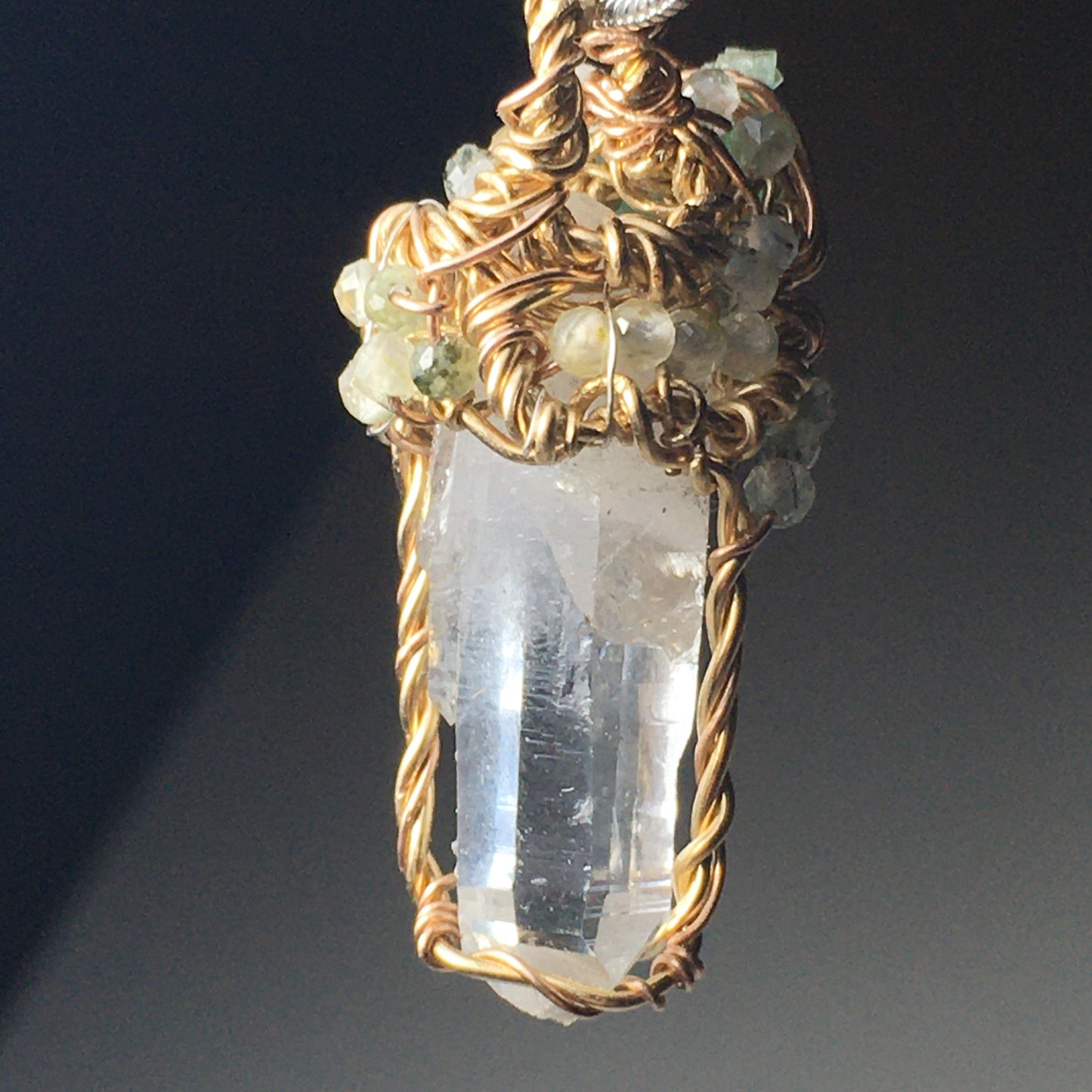 Quartz Emerald and Prehnite Wire-Wrap pendant in Gold