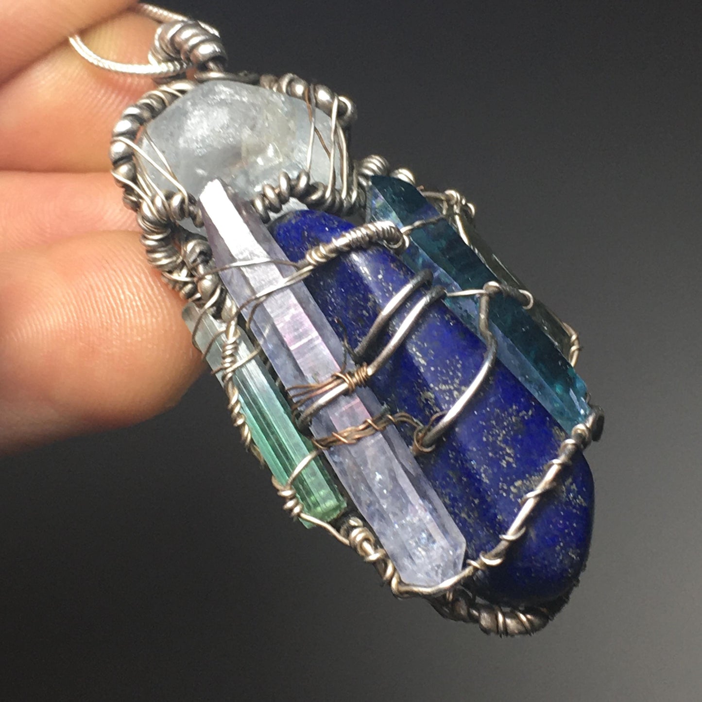 The Astral Traveler- 10-Stone Pendant on Sterling Silver- Lapis, Celestite, Aqua/Angel-Aura, Tourmaline, Herkimer, Kyanite, Lemurian..
