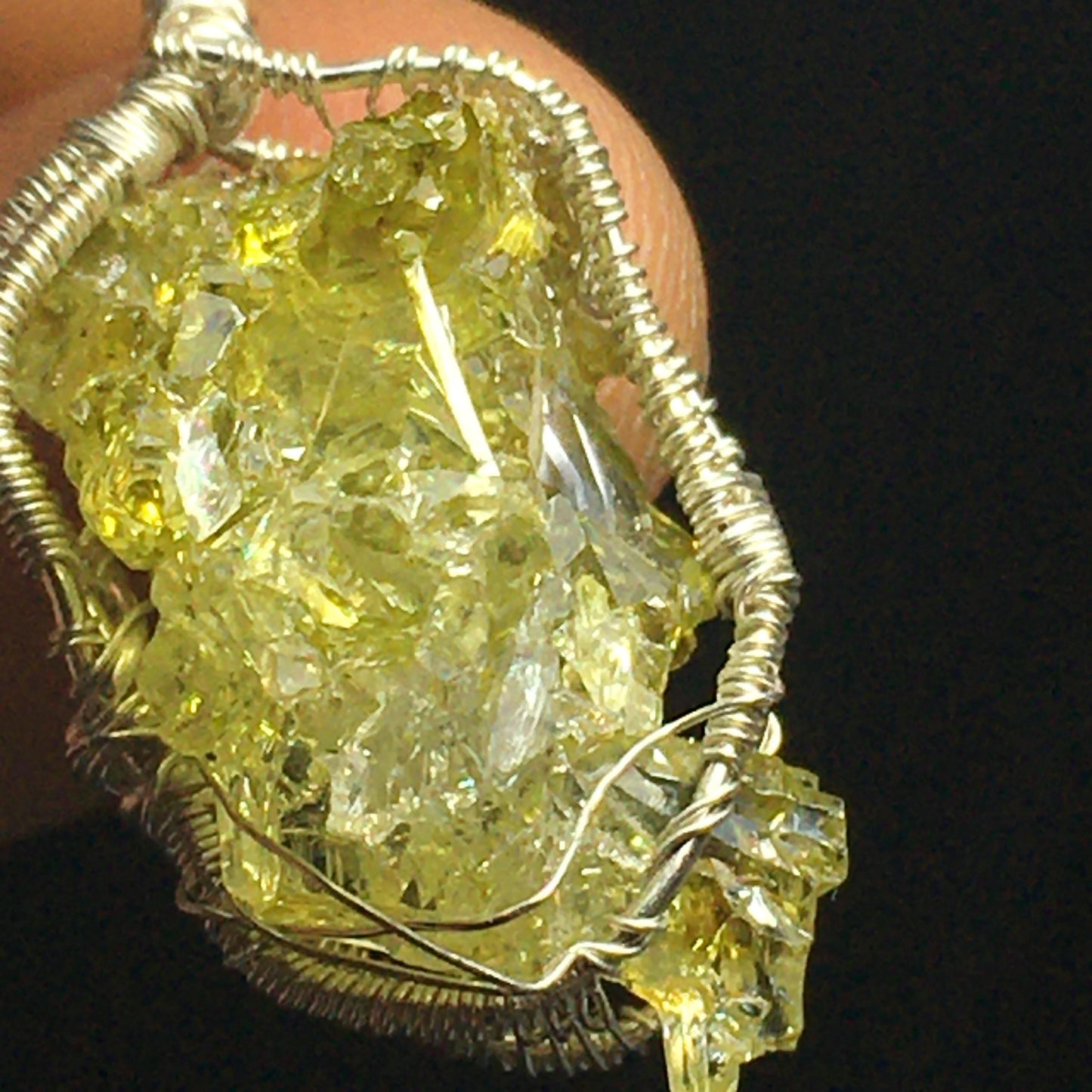 Green Zincite Crystal and Silver Pendant with Chain UV Reactive