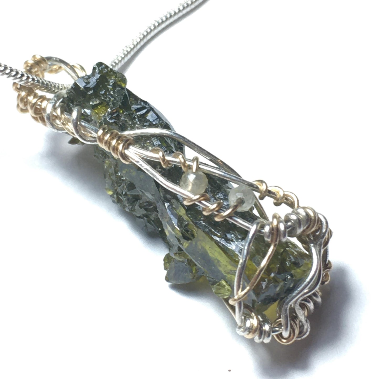 Zincite and Prehnite 925 Silver Wire-Wrap Pendant with Chain