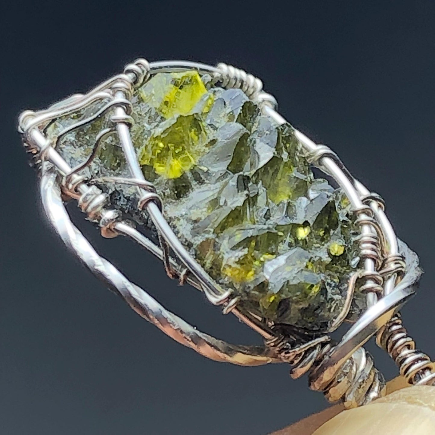 Green and Blue Zincite and Silver Pendant with chain (Chamunda Mantra Infused)
