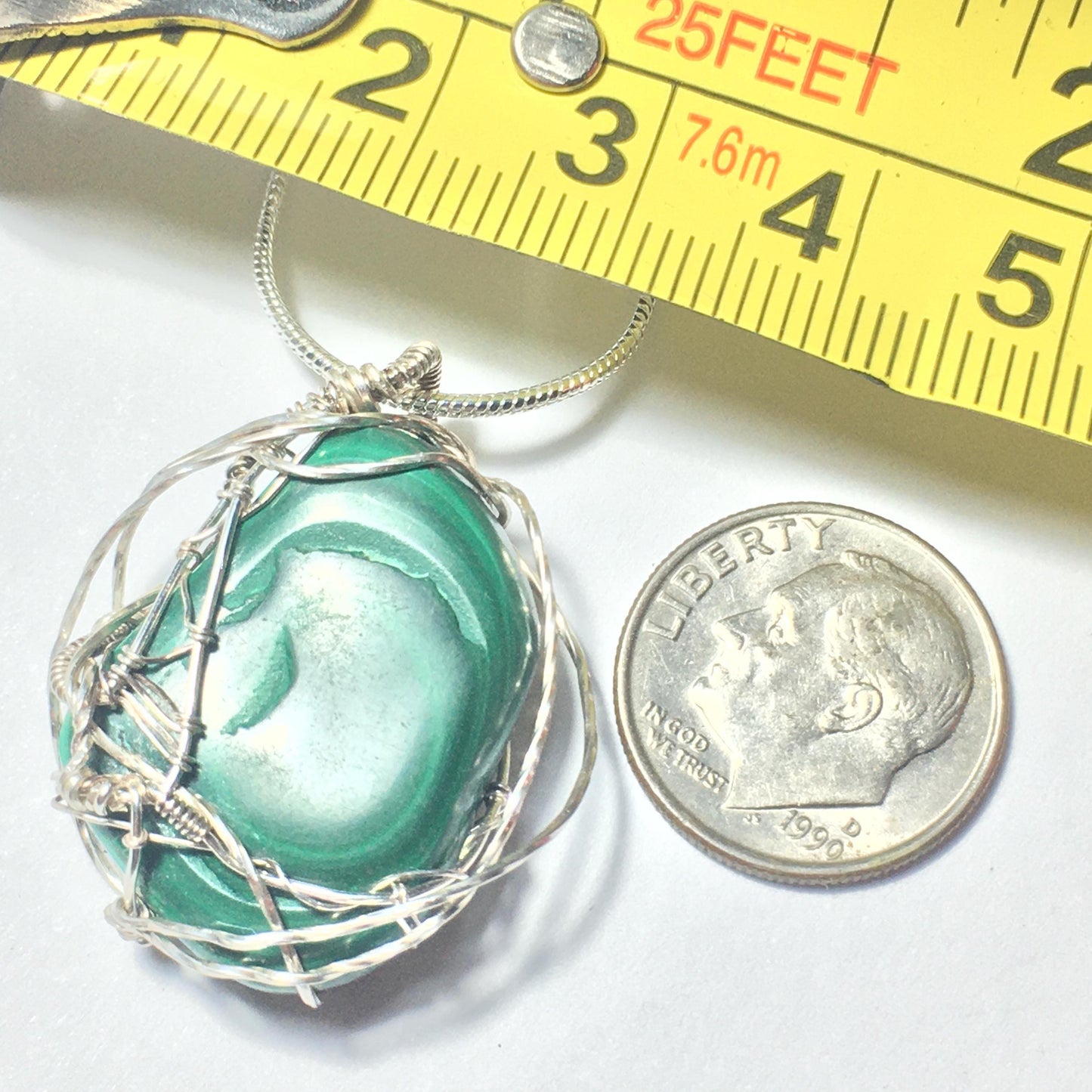 Natural Malachite Silver Wire-wrap Pendant on Chain