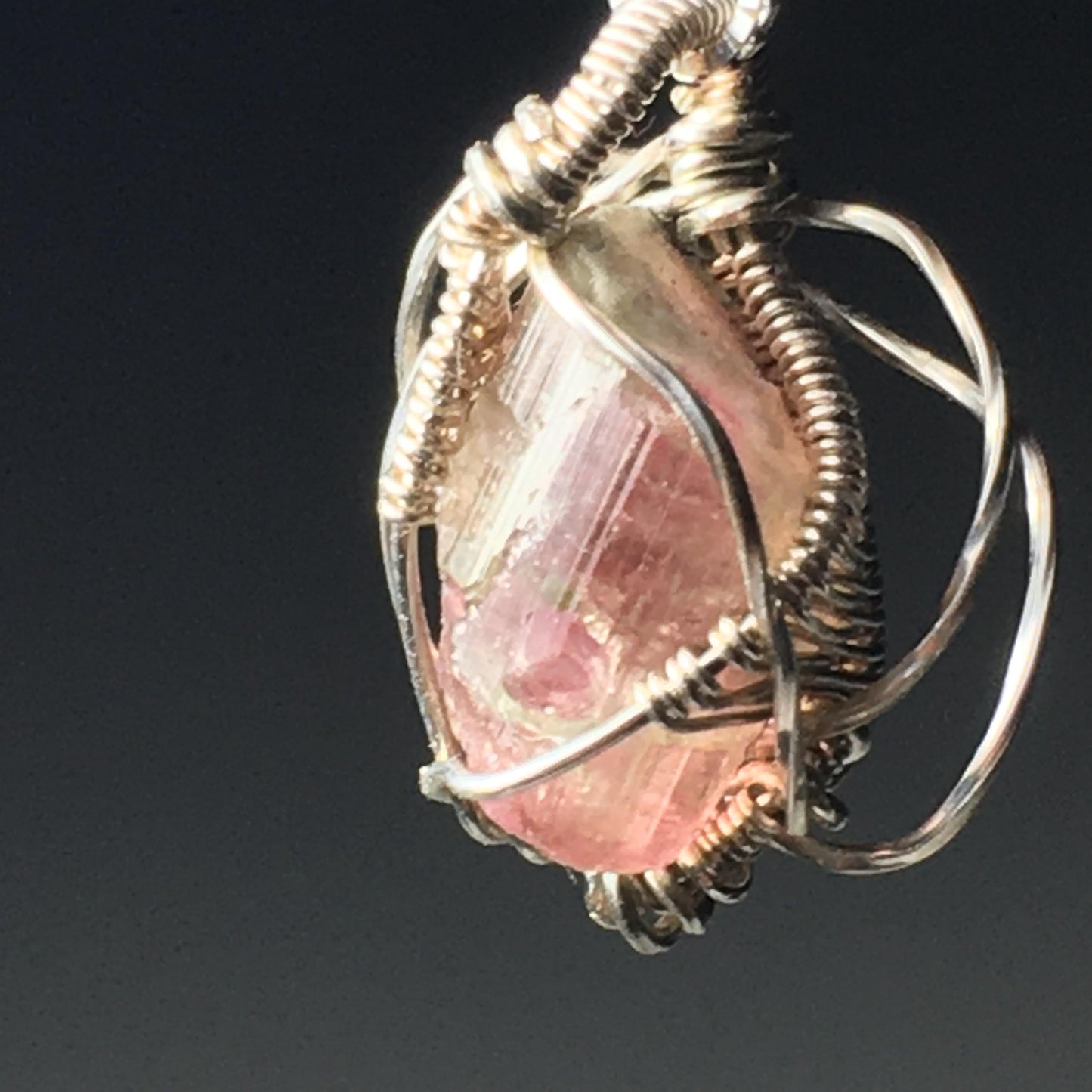 Watermelon Tourmaline and Silver Handmade Wire-Wrap Pendant