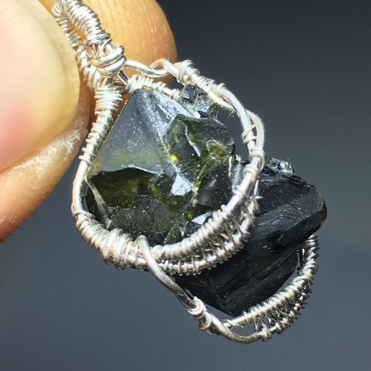 Green Zincite and Silver Pendant