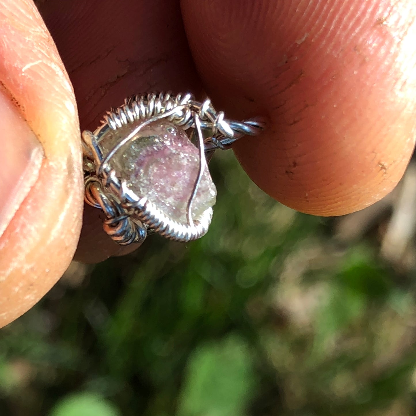 Watermelon Tourmaline and Silver Handmade Wire-Wrap Pendant