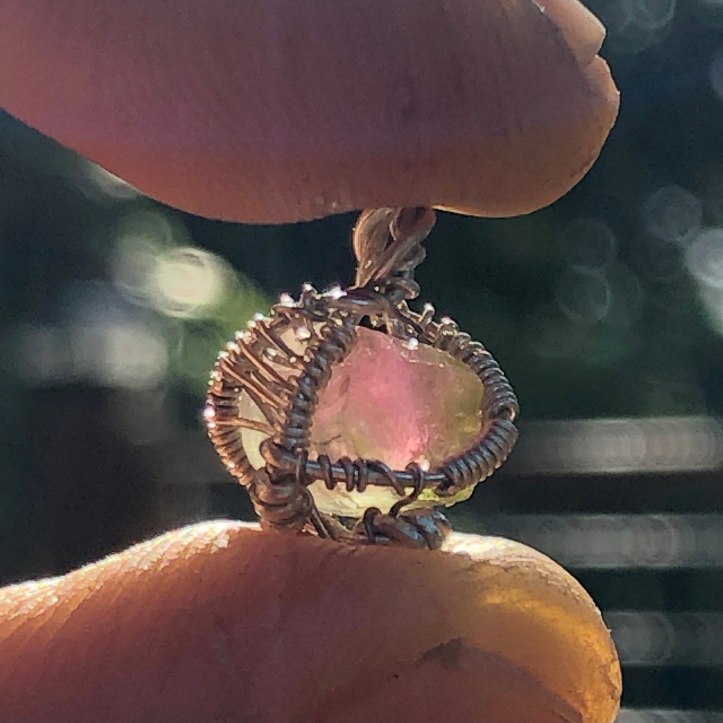 Watermelon Tourmaline and Silver Handmade Wire-Wrap Pendant