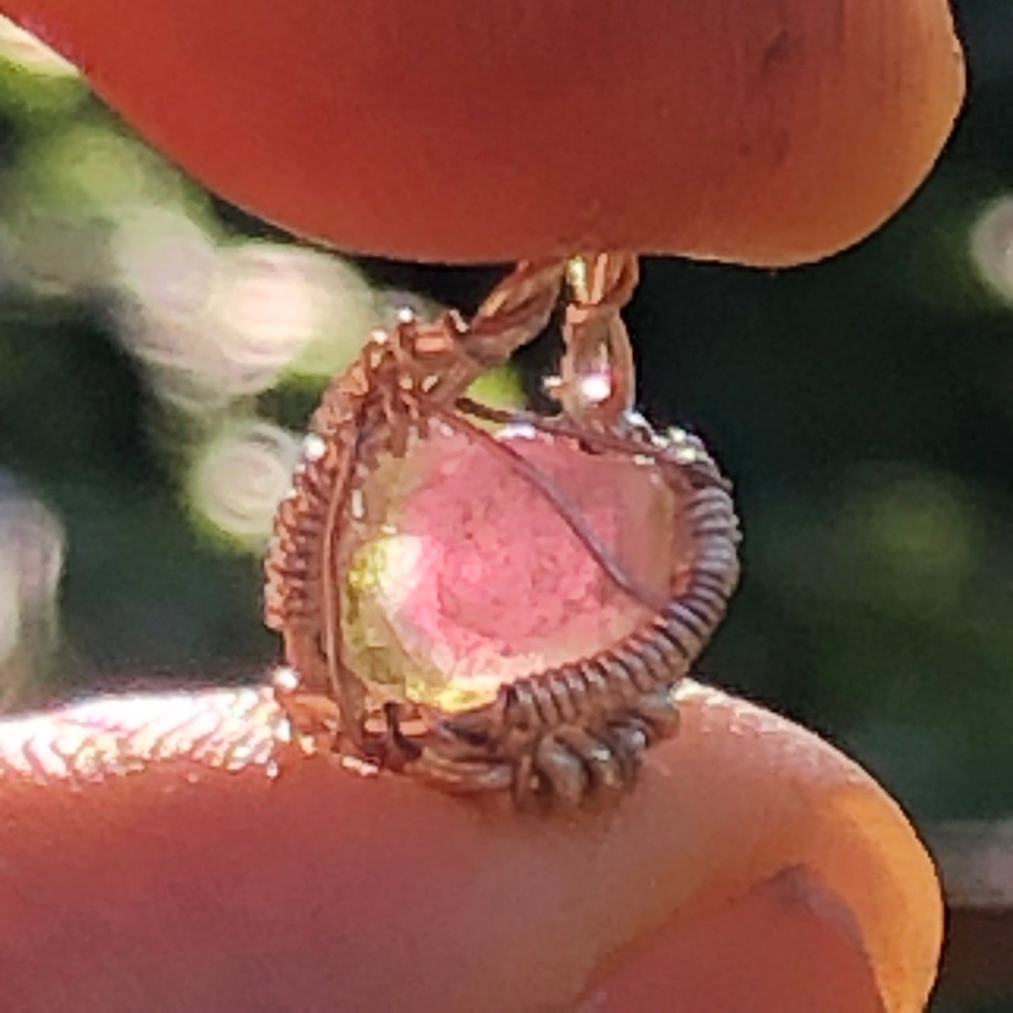 Watermelon Tourmaline and Silver Handmade Wire-Wrap Pendant