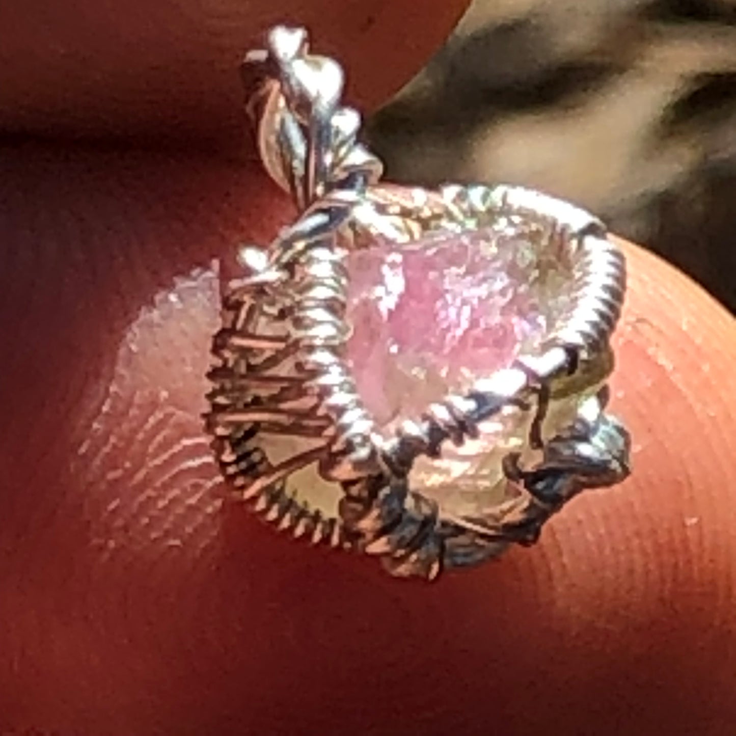 Watermelon Tourmaline and Silver Handmade Wire-Wrap Pendant