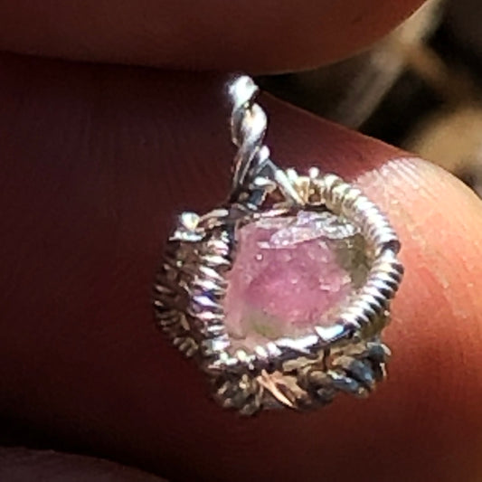 Watermelon Tourmaline and Silver Handmade Wire-Wrap Pendant