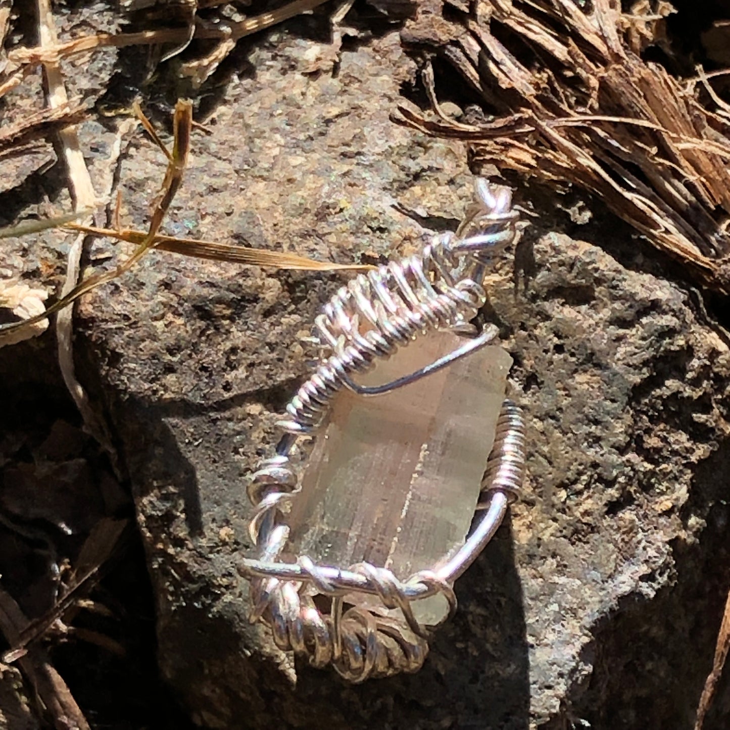 Watermelon Tourmaline and Silver Handmade Wire-Wrap Pendant