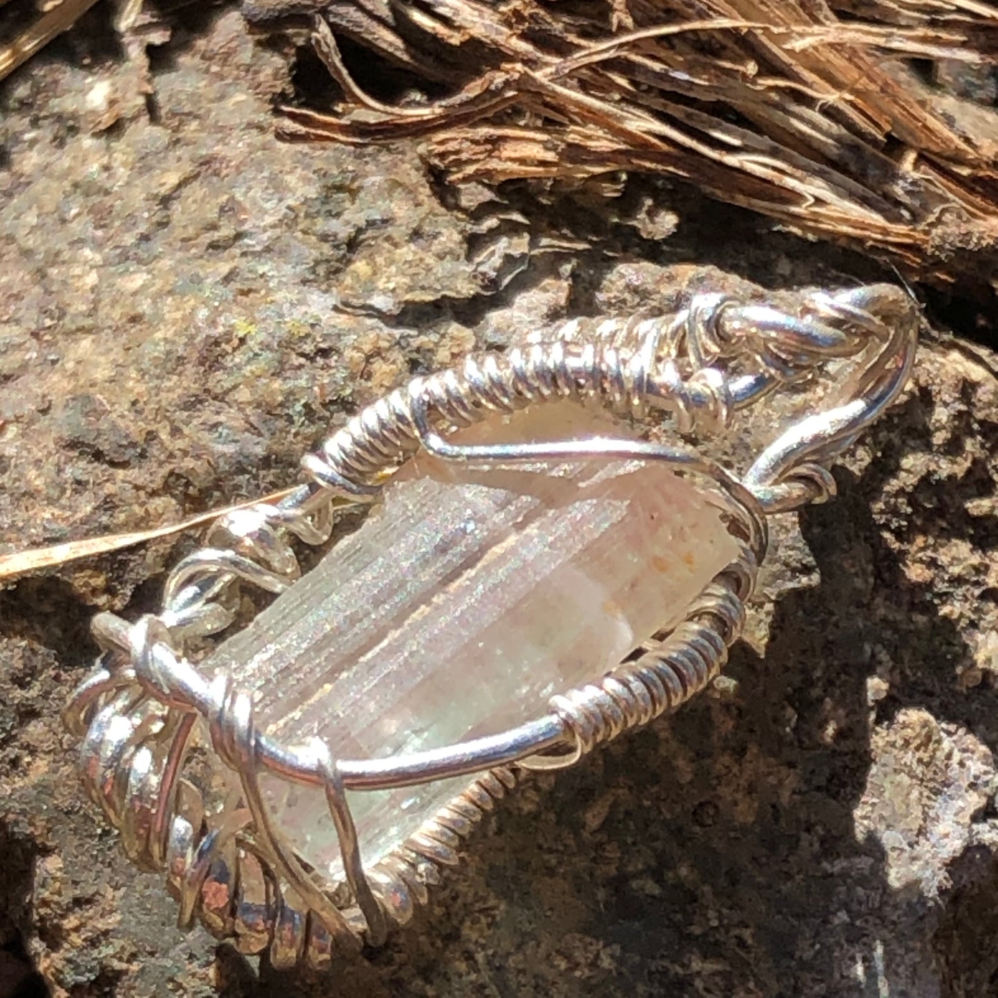 Watermelon Tourmaline and Silver Handmade Wire-Wrap Pendant