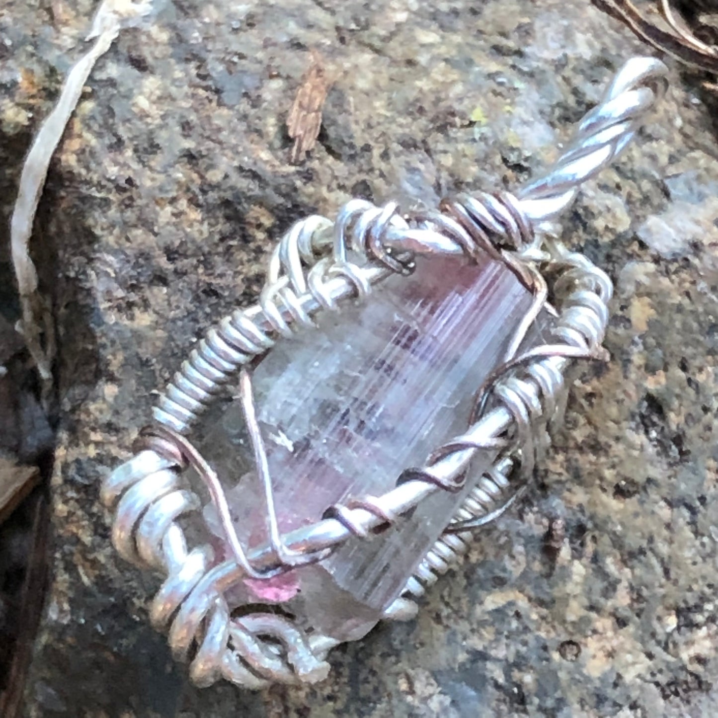 Watermelon Tourmaline and Silver Handmade Wire-Wrap Pendant