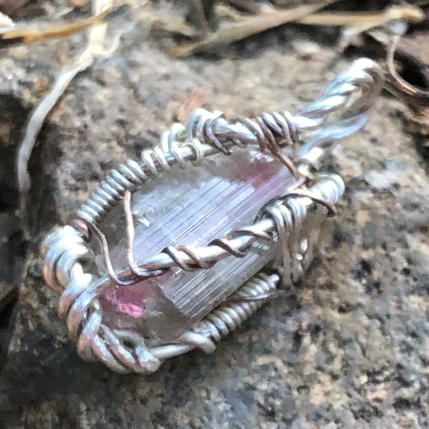 Watermelon Tourmaline and Silver Handmade Wire-Wrap Pendant
