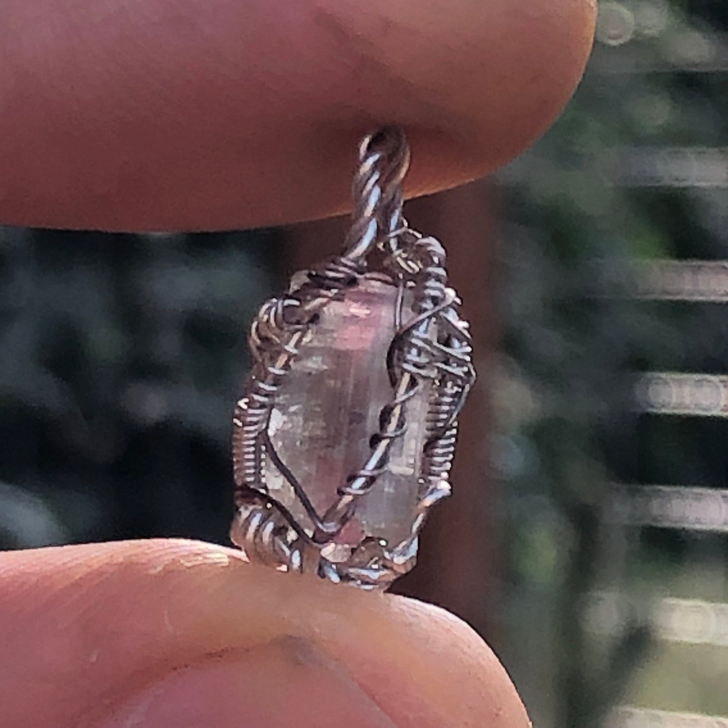 Watermelon Tourmaline and Silver Handmade Wire-Wrap Pendant