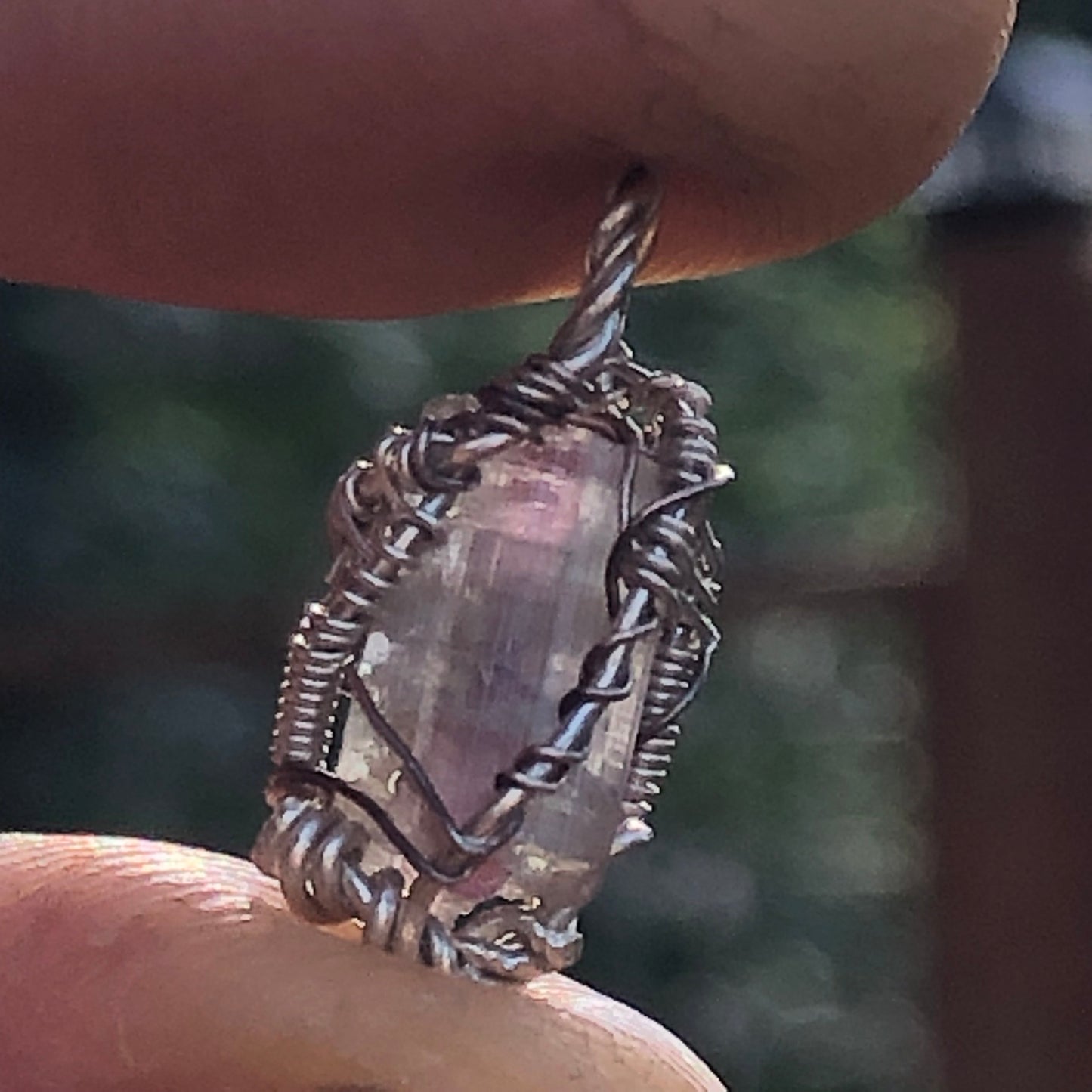 Watermelon Tourmaline and Silver Handmade Wire-Wrap Pendant