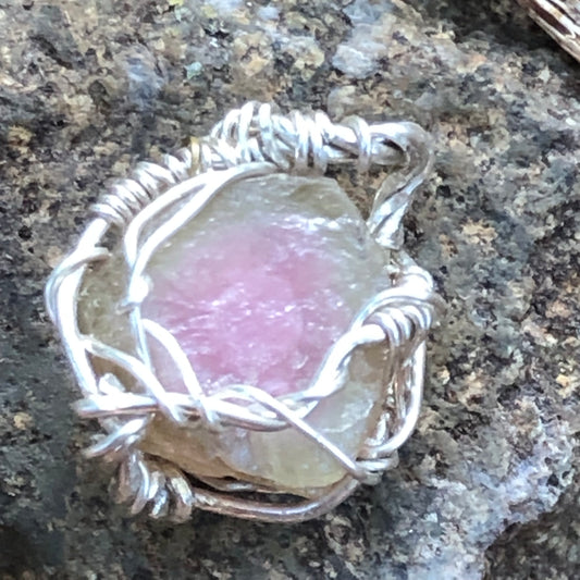 Watermelon Tourmaline and Silver Handmade Wire-Wrap Pendant