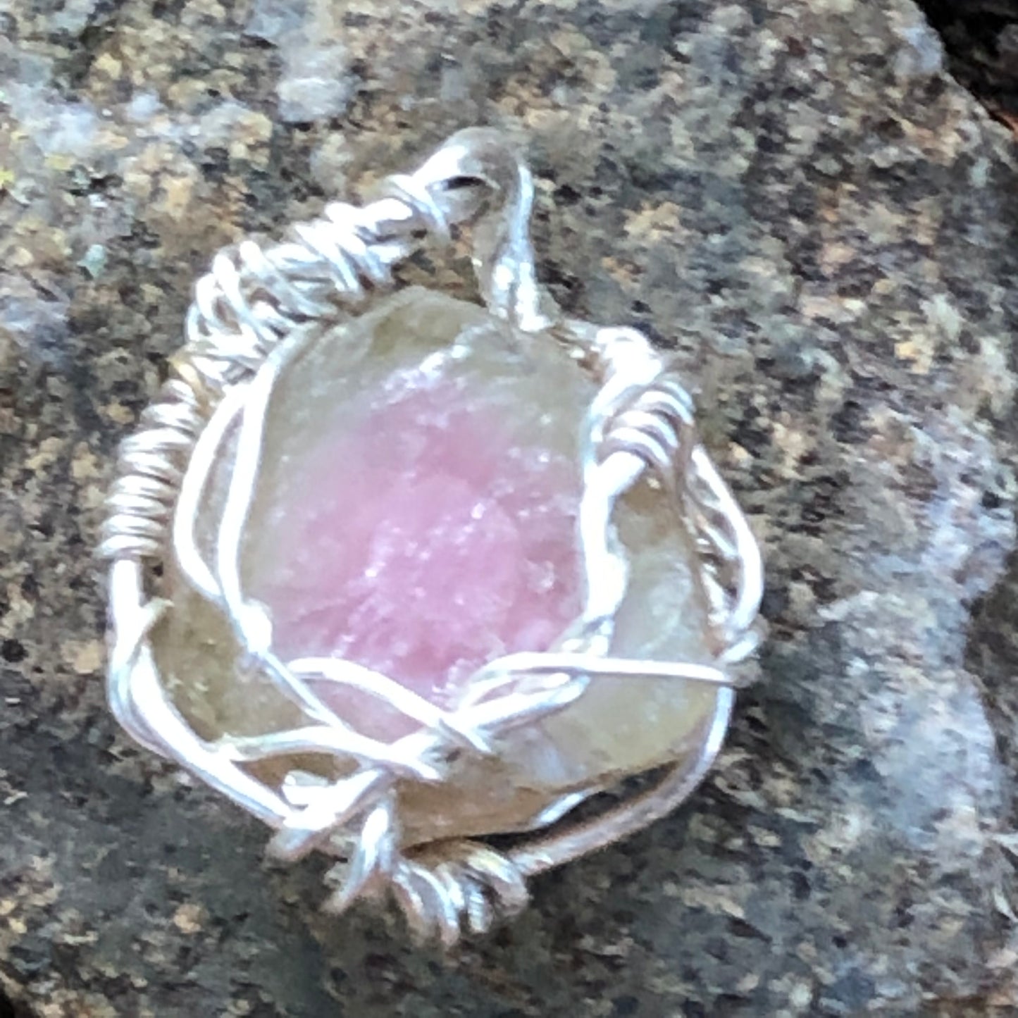 Watermelon Tourmaline and Silver Handmade Wire-Wrap Pendant
