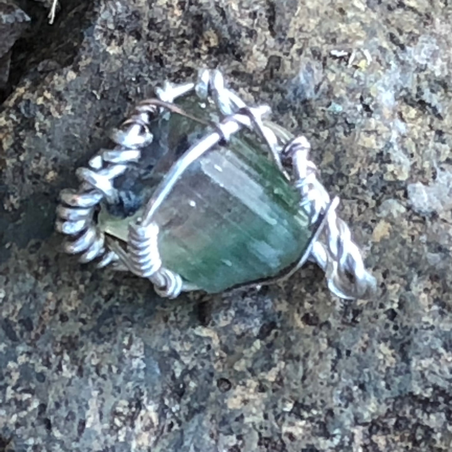 Watermelon Tourmaline and Silver Handmade Wire-Wrap Pendant