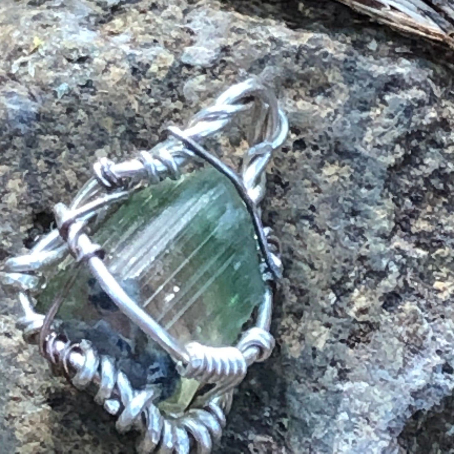 Watermelon Tourmaline and Silver Handmade Wire-Wrap Pendant