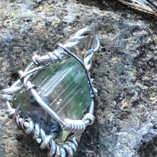 Watermelon Tourmaline and Silver Handmade Wire-Wrap Pendant