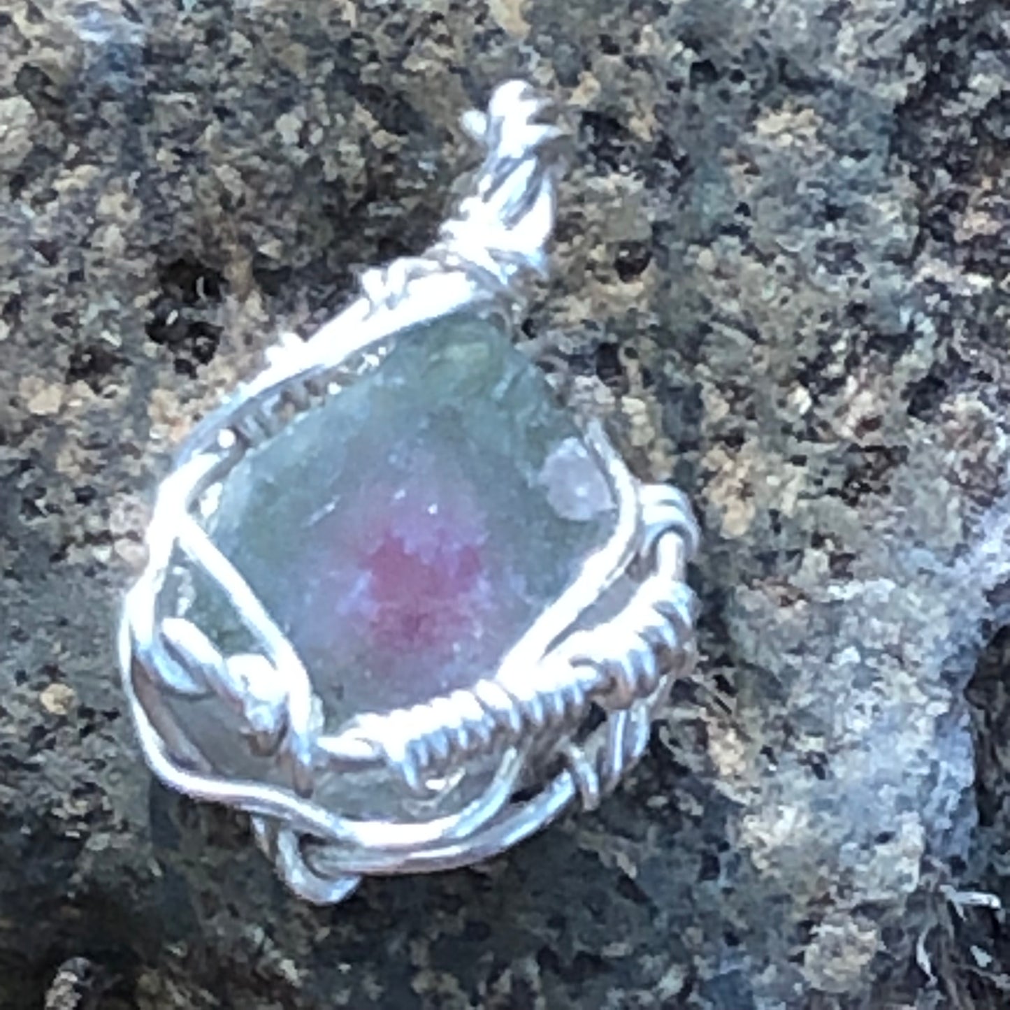 Watermelon Tourmaline and Silver Handmade Wire-Wrap Pendant