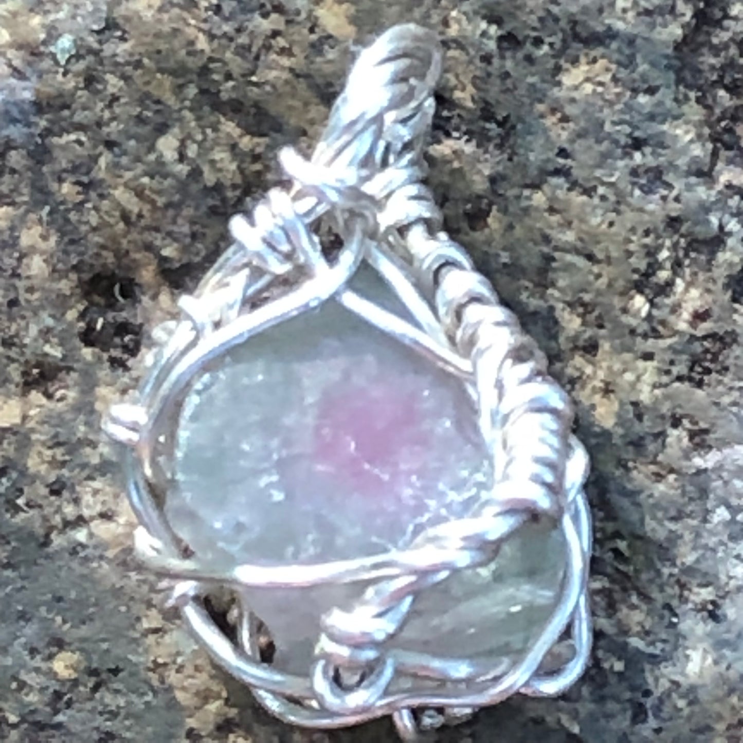 Watermelon Tourmaline and Silver Handmade Wire-Wrap Pendant
