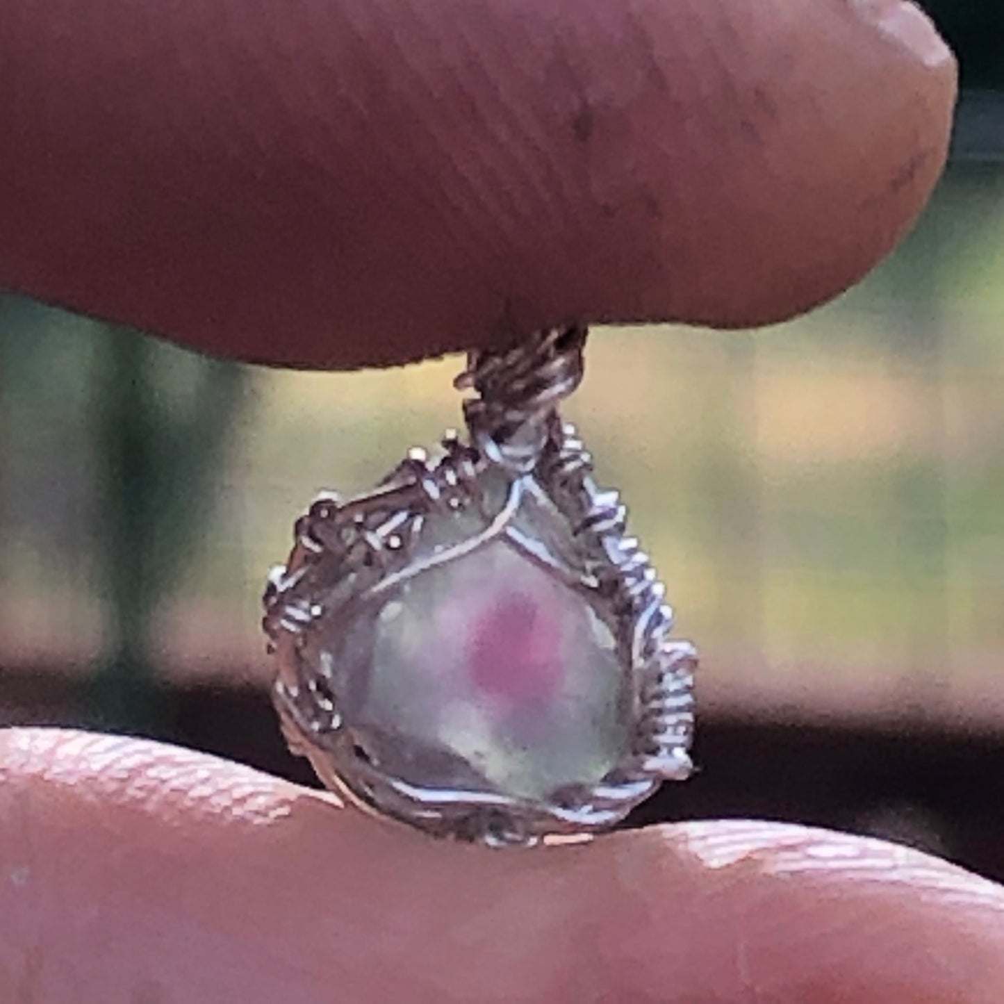Watermelon Tourmaline and Silver Handmade Wire-Wrap Pendant