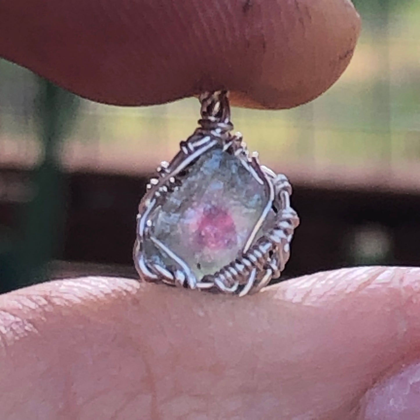 Watermelon Tourmaline and Silver Handmade Wire-Wrap Pendant