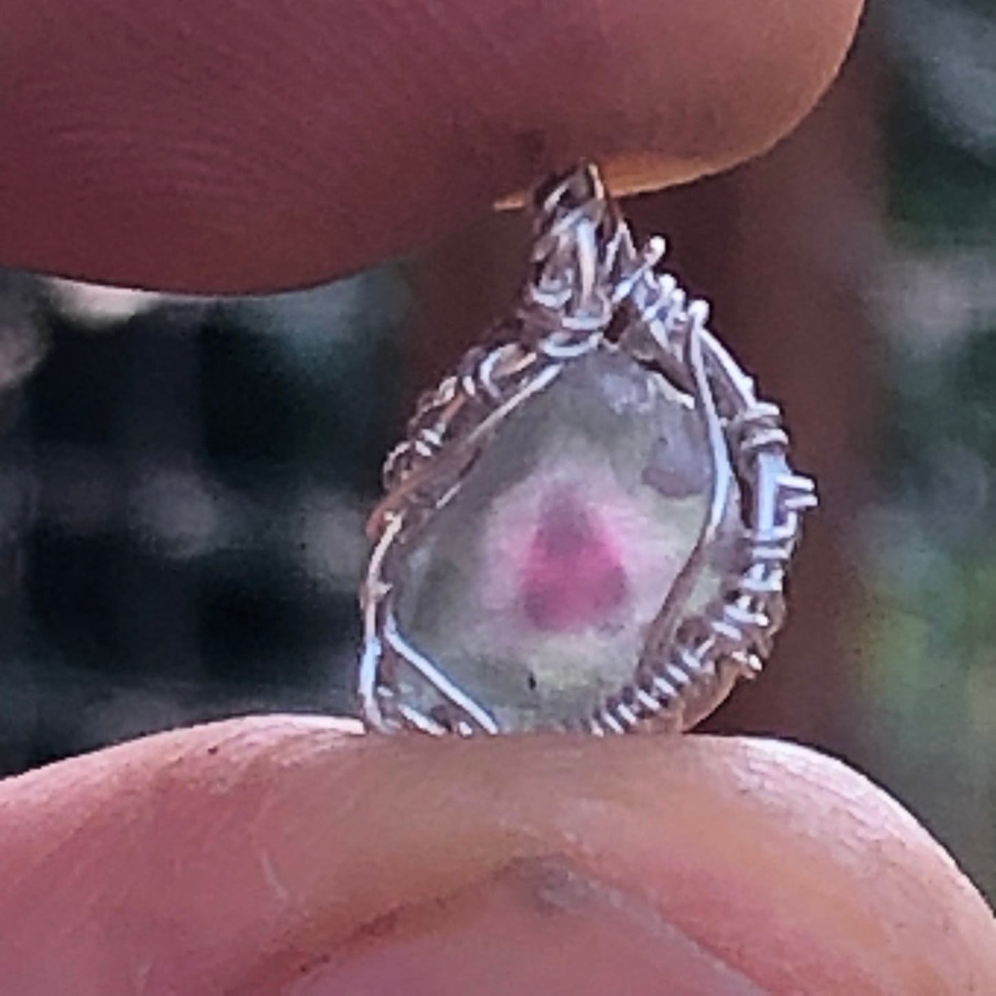Watermelon Tourmaline and Silver Handmade Wire-Wrap Pendant