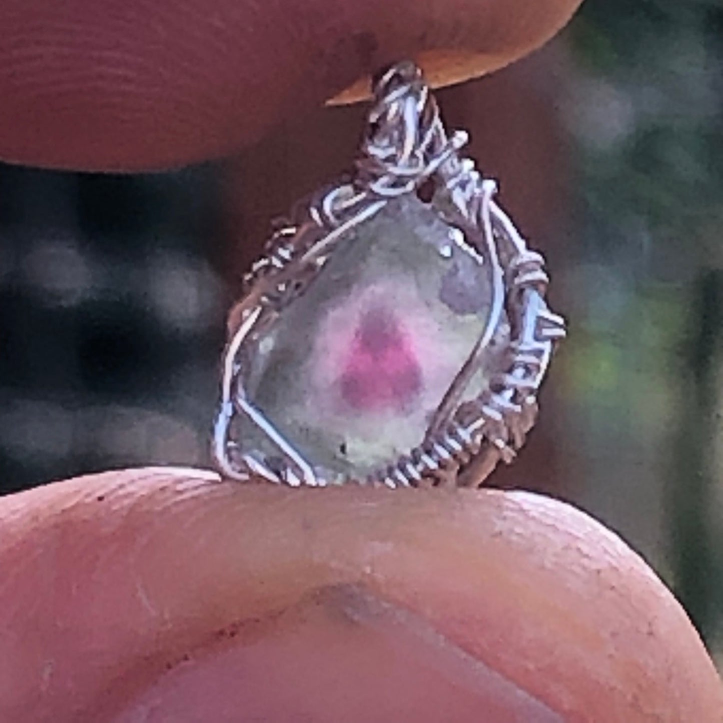 Watermelon Tourmaline and Silver Handmade Wire-Wrap Pendant