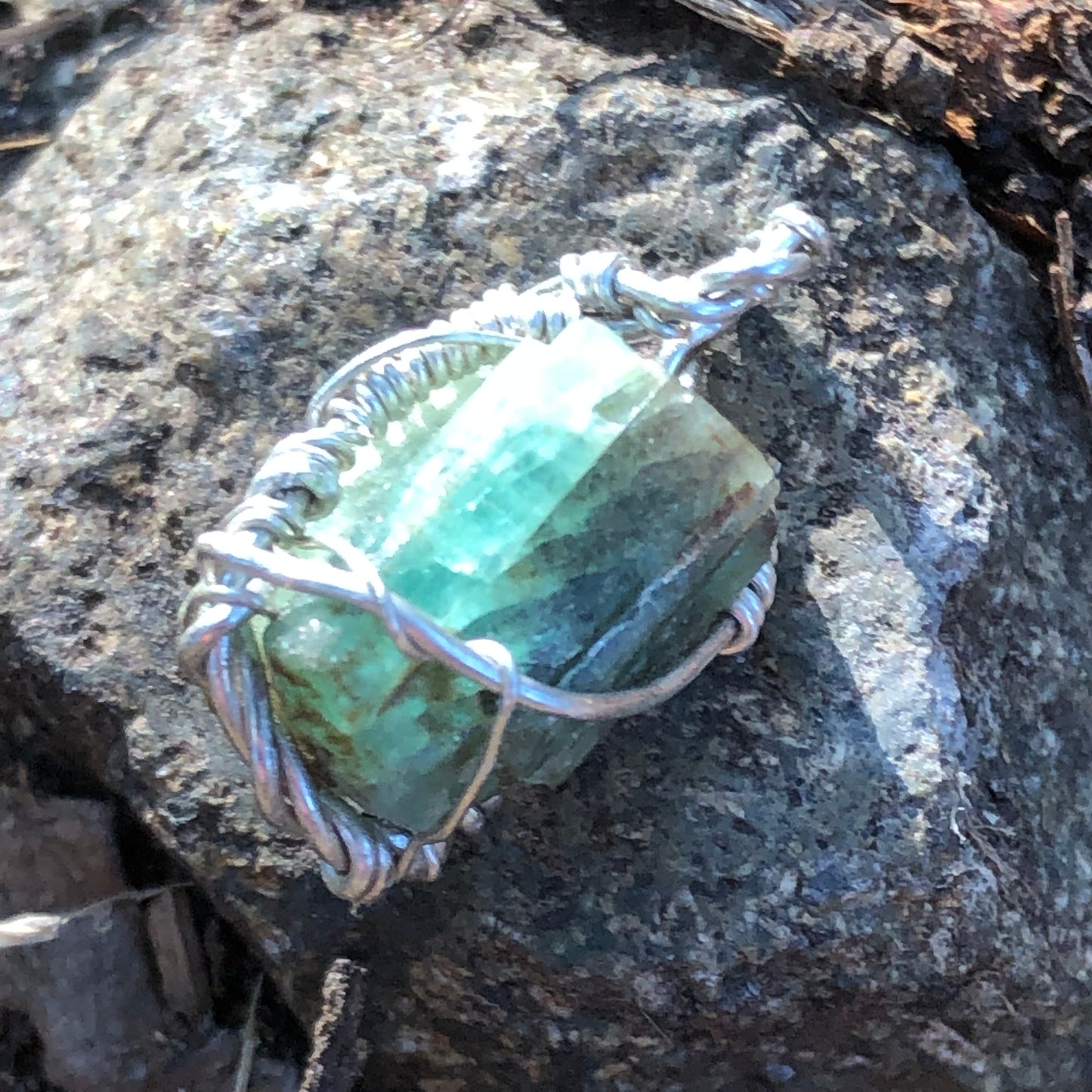 Natural Emerald and Sterling Silver Wire-Wrap Pendant and chain