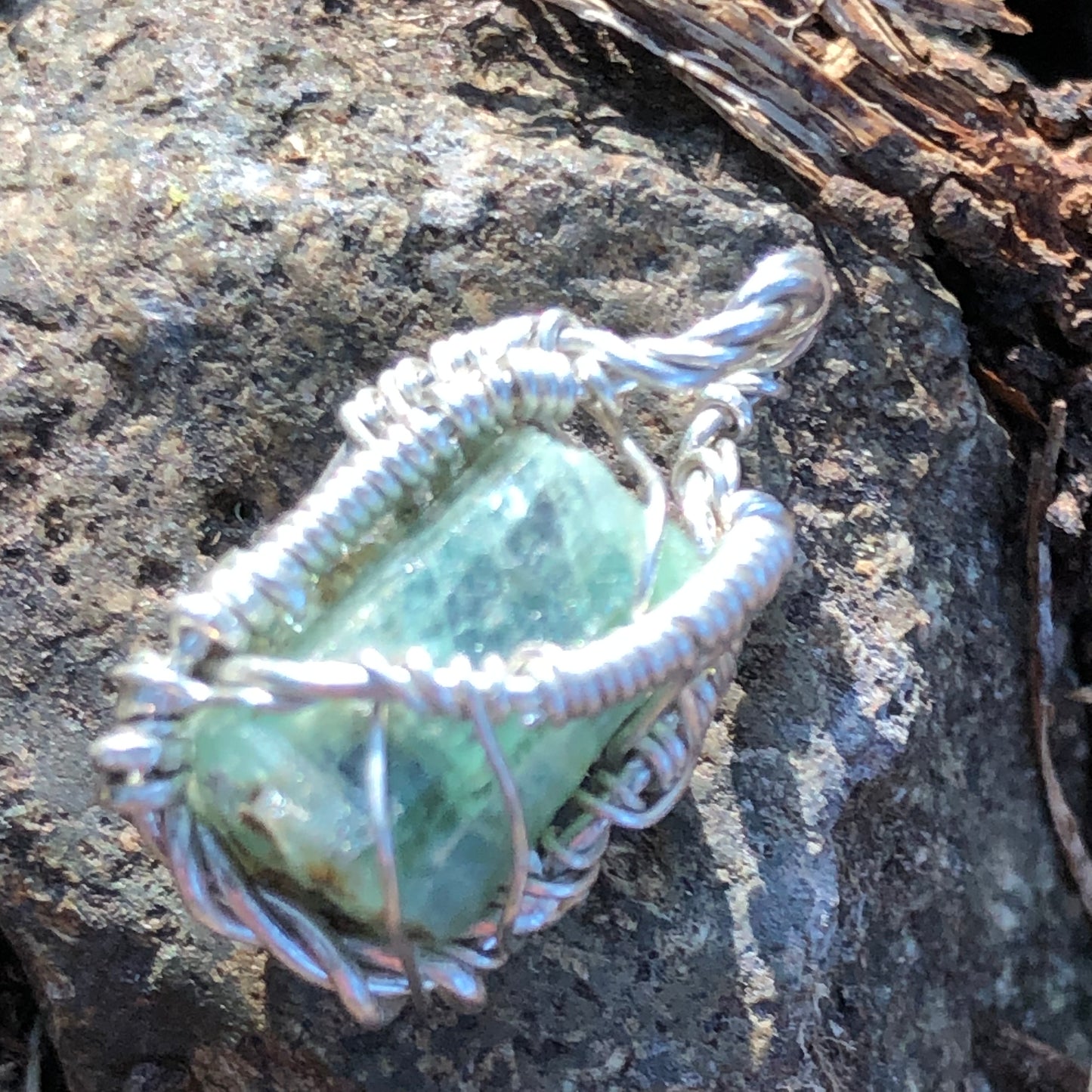 Natural Emerald and Sterling Silver Wire-Wrap Pendant and chain