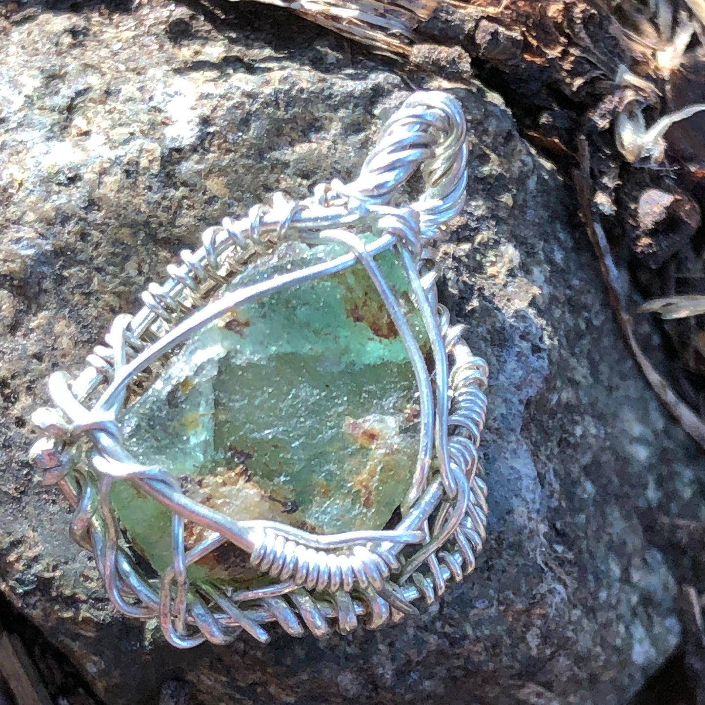 Natural Emerald and Sterling Silver Wire-Wrap Pendant and chain