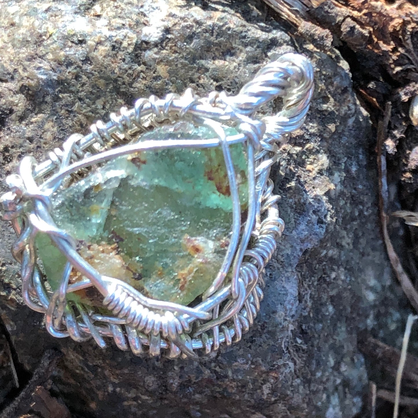 Natural Emerald and Sterling Silver Wire-Wrap Pendant and chain