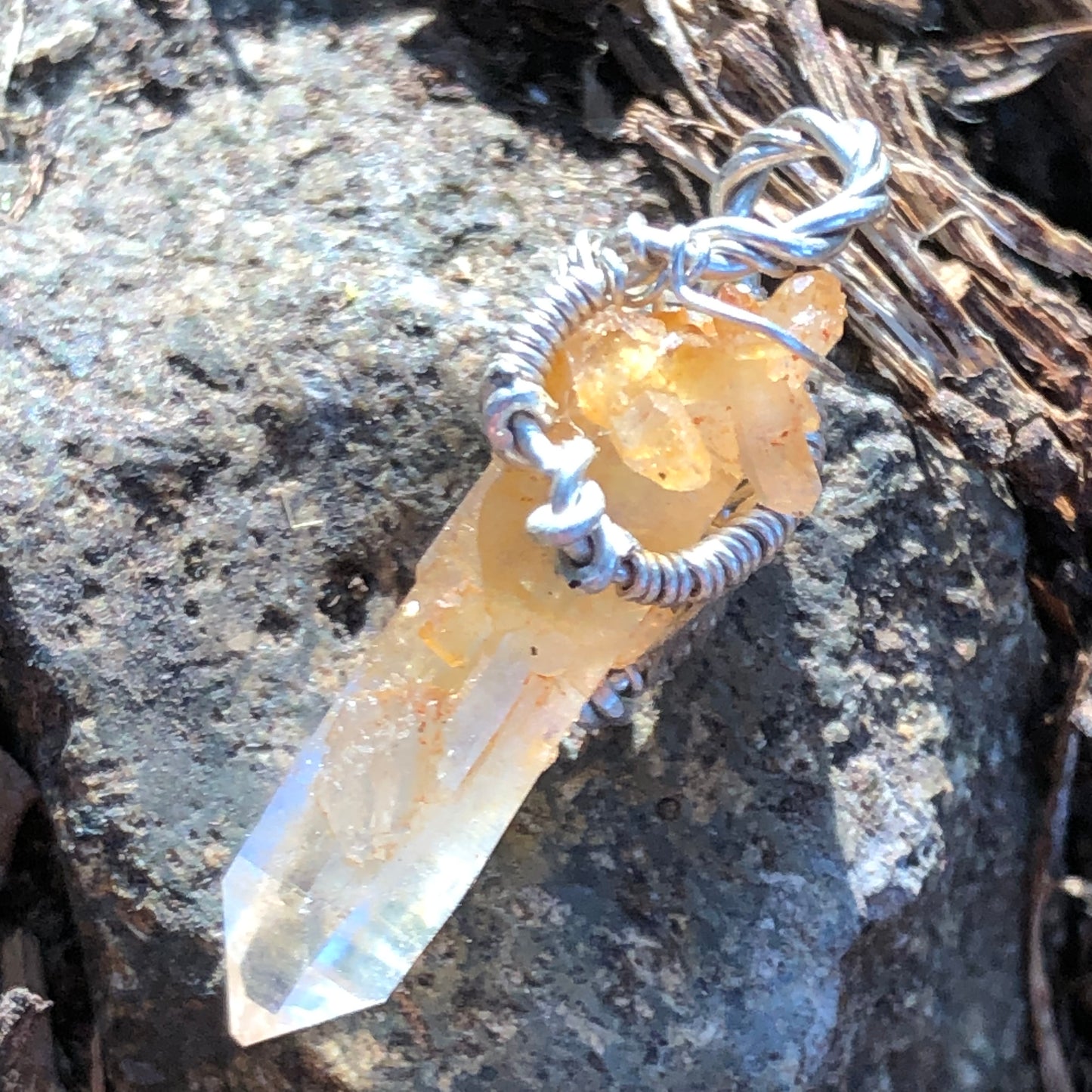 Golden Healer Quartz and Sterling Silver Wire-Wrap Pendant