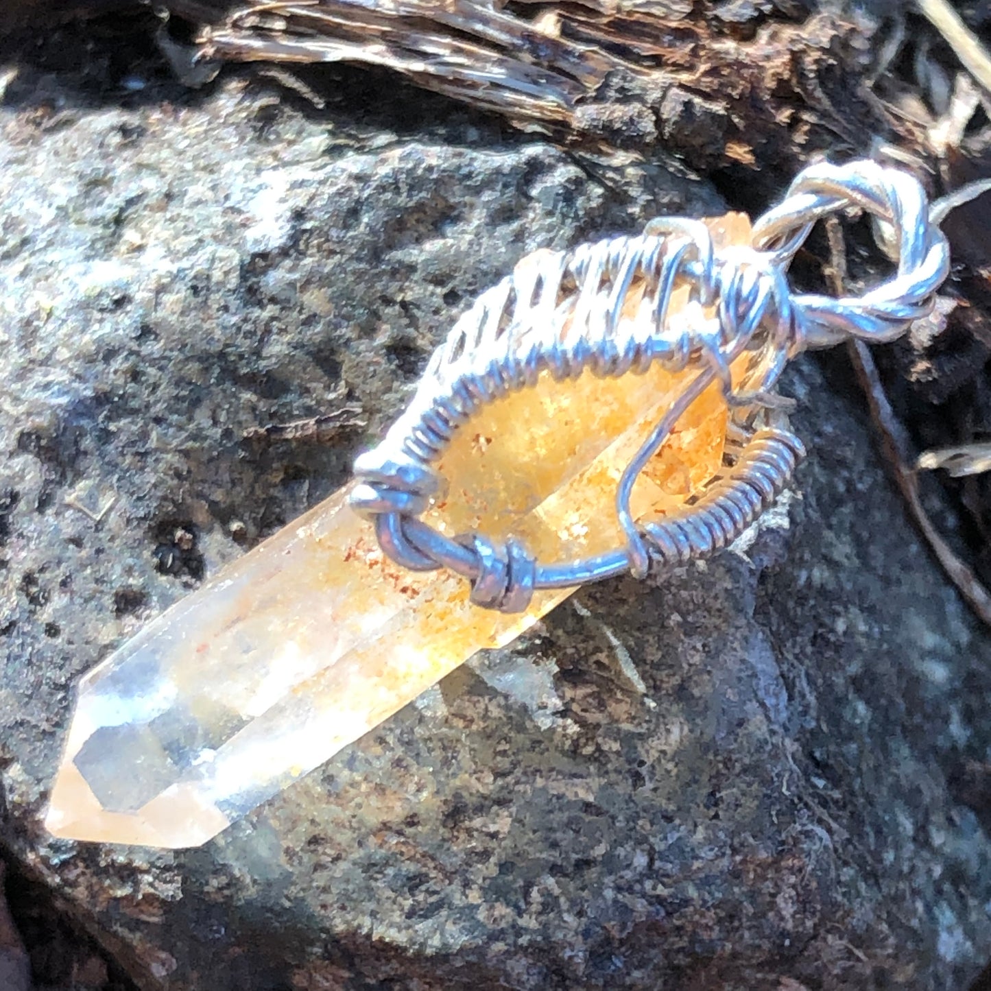 Golden Healer Quartz and Sterling Silver Wire-Wrap Pendant