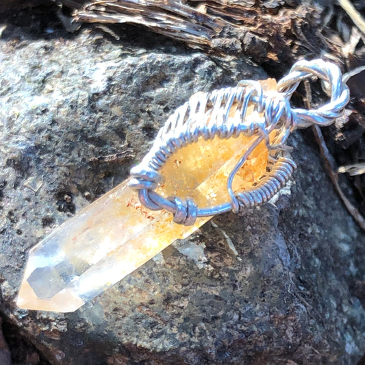 Golden Healer Quartz and Sterling Silver Wire-Wrap Pendant