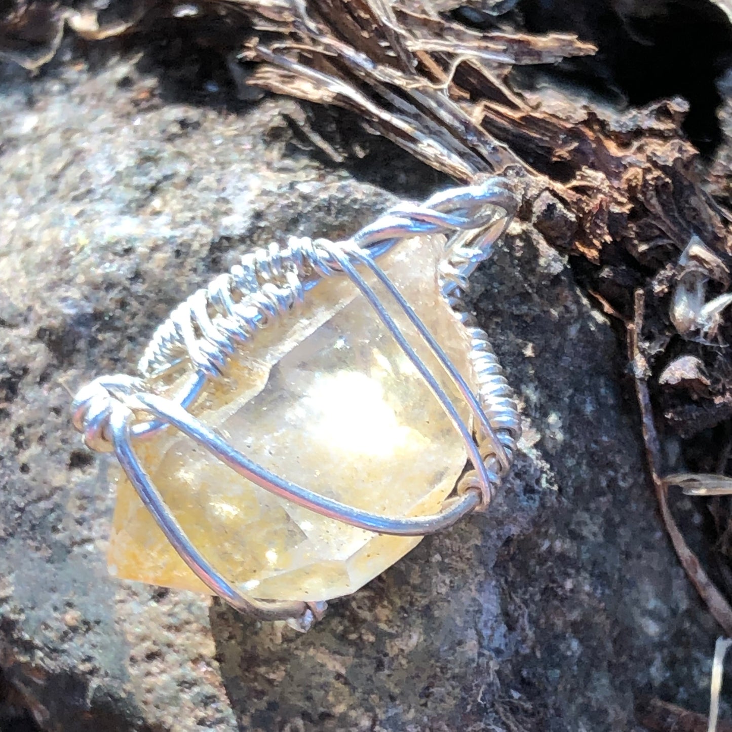 Golden Healer Quartz and Sterling Silver Wire-Wrap Pendant
