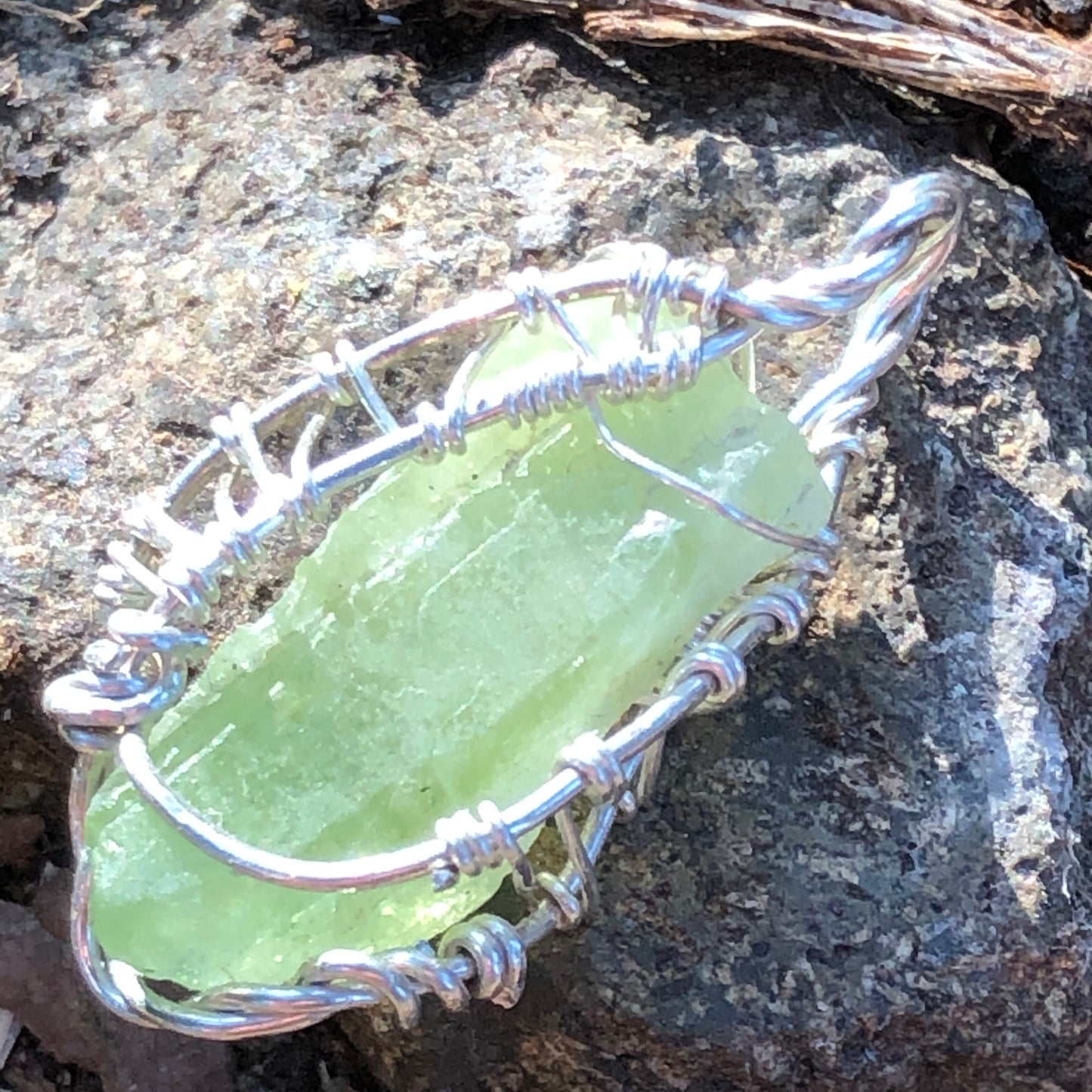 Natural Peridot and Sterling Silver Wire-Wrap Pendant and chain