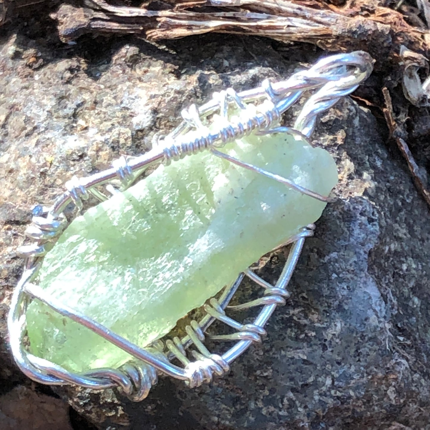 Natural Peridot and Sterling Silver Wire-Wrap Pendant and chain